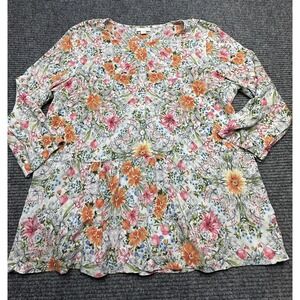 J Jill Shirt Womens Medium Floral Orange Pink Blue Rayon Button Front Blouse Top